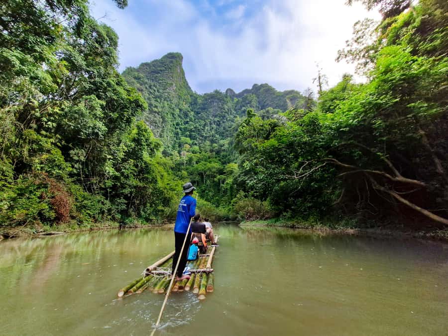 From Khao Lak: Khao Sok Jungle Hike & River Tour - Bamboo rafting on Sok River: sit back, enjoy the current, take the bamboo cup home